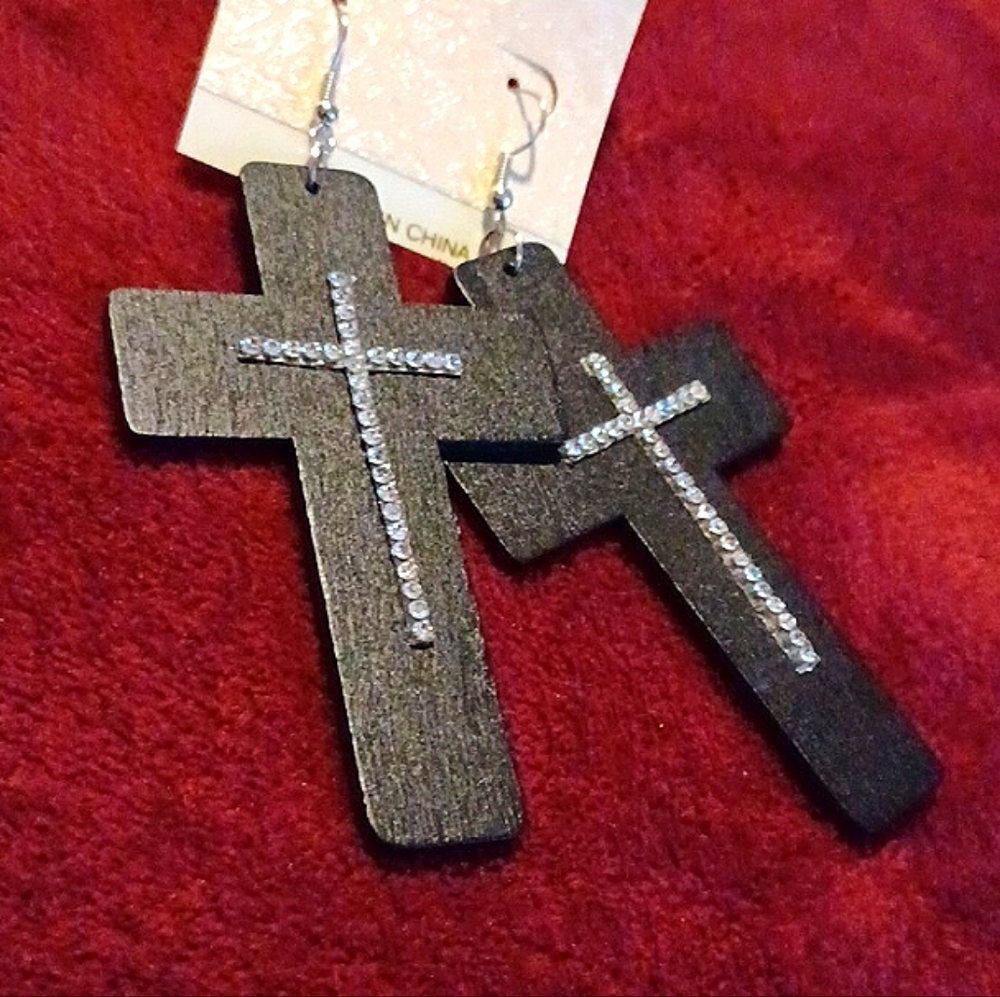 Mahogany Wooden Cross Earrings w/Bling Embellishment, OSFA